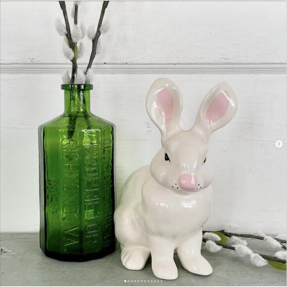 Vintage White Bunny Rabbit Statue Figurine Ceramic Handmade Large 1980 - Picture 1 of 10